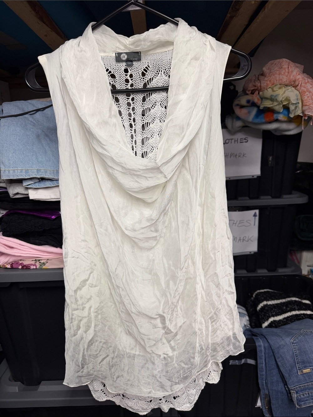 Women's White Cowl Neck Crochet-Back Sleeveless Camisole
